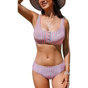NEW CUPSHE Square Neck Button Mid Rise Striped Textured Bathing Suit SIZE M